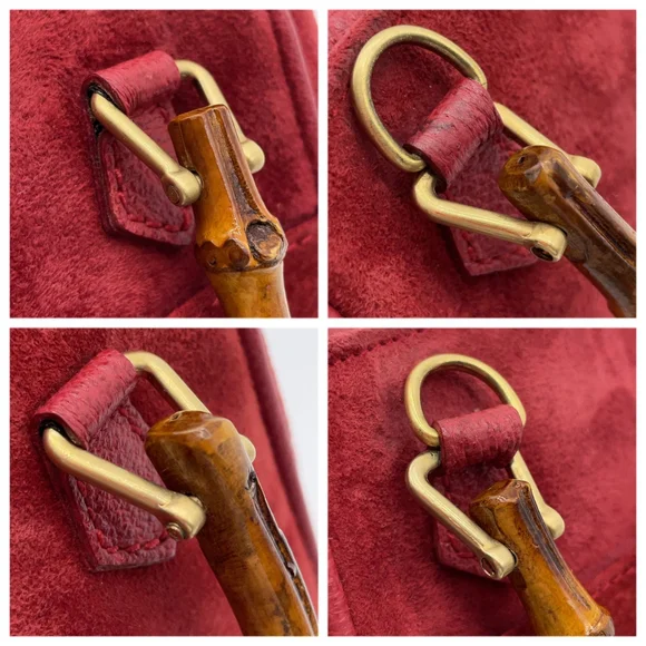 SALE! Gucci Red Suede Mini Satchel Handbag/Shoulder Bag W Bamboo Handles & Strap - Picture 6 of 16